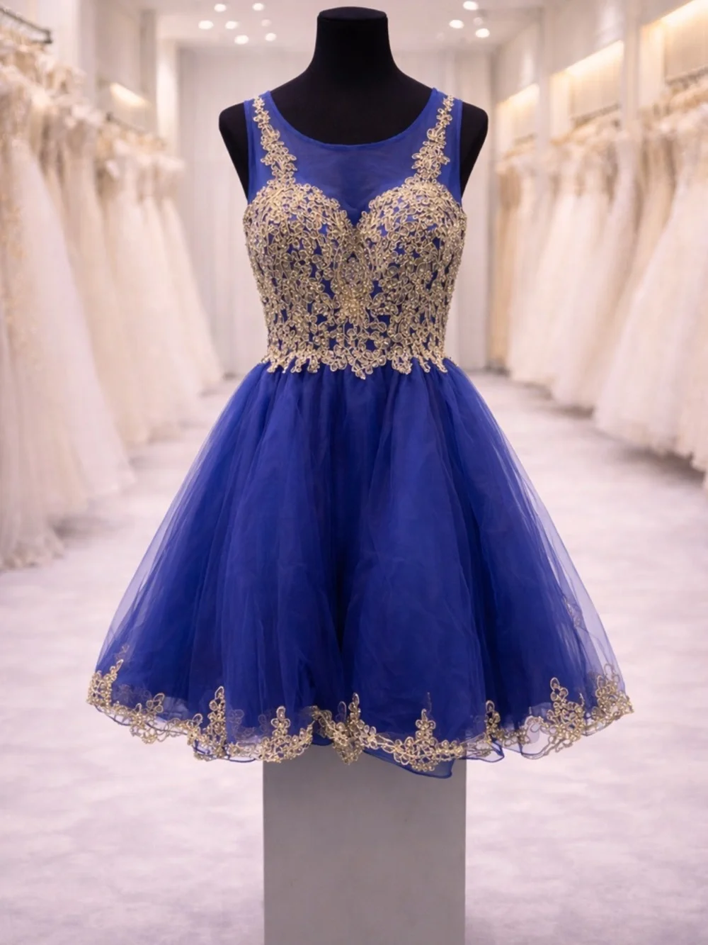 Royal Blue Gold Lace Fit & Flare Party Dress - Size M - Picture 9 of 9